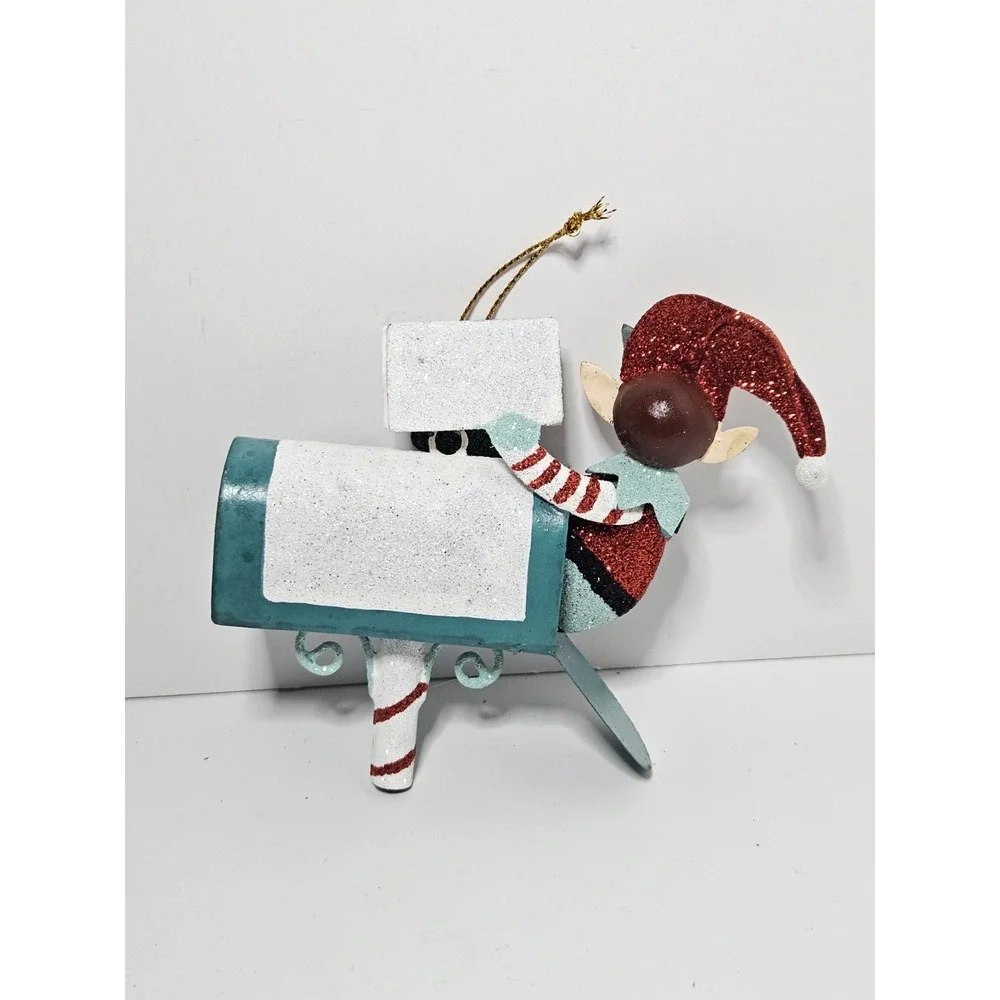 Pier 1 Imports Christmas Ornament Sparkly Elf In Mailbox Metal Tin Glitter Rare